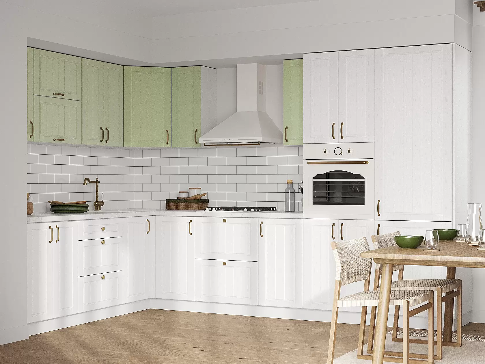 Кухонный гарнитур Прованс 320х220 см Белый / Фисташковый структурный / Белый текстурный